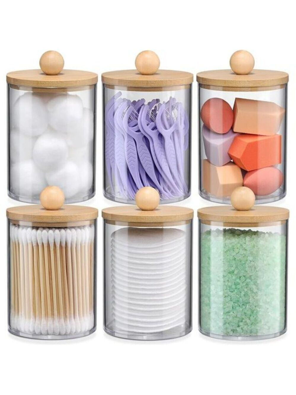 Bamboo Bathroom Storage Jars for Cotton Swabs Balls Pads Floss 6 Pack Set